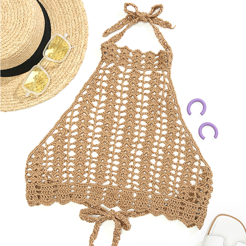 CC Sexy Crochet Bikini Top Ladies Boho Hollowed Lace Up Chest Wrapping Crop Beachwear Handmade Backless Beach Outfit Swimsuit 220611