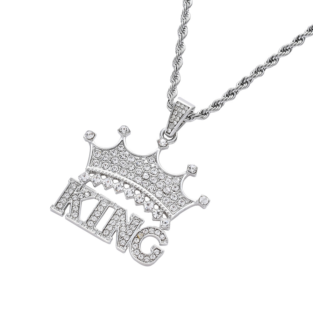 Designer 18K Gold Silver Stainless Steel King Crown Letter Pendent Necklace for Men Cubic Zircon Simulated Diamond Necklace Cool Jewelry Gift