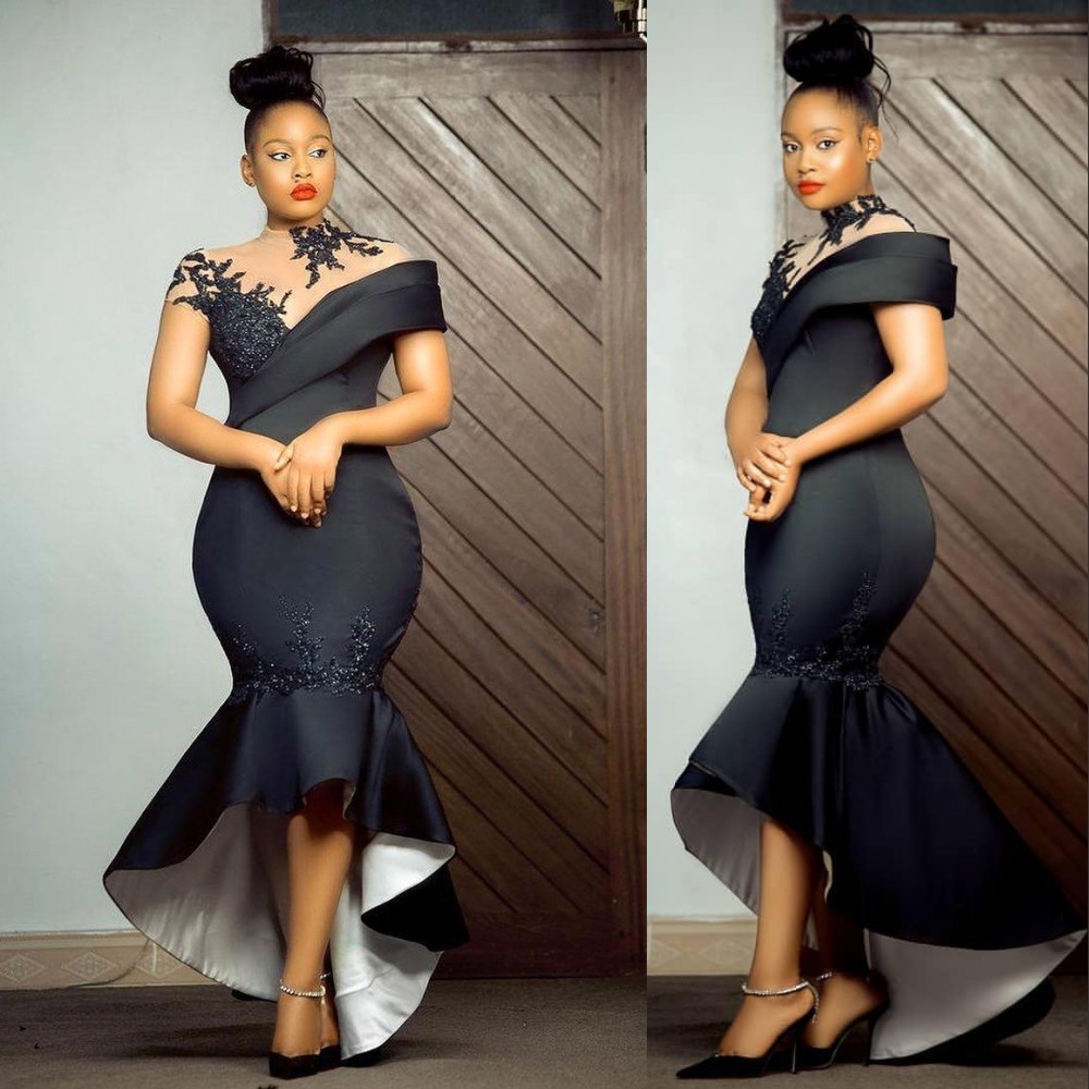 2022 Sexy Short Black Evening Dresses Wear High Neck Cap Sleeves Lace Appliques Beads Mermaid Ruched Ruffles Party Dress Formal Prom Gowns Plus Size H