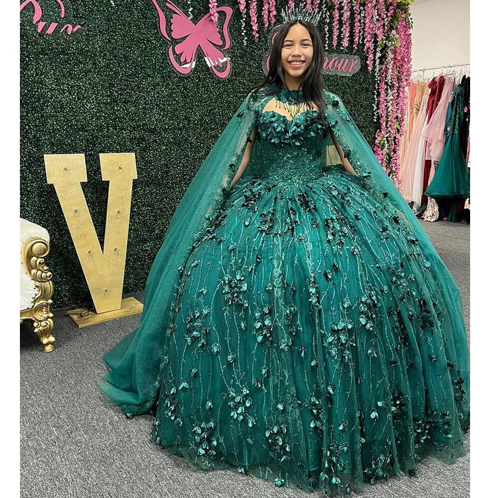 Emerald Green Quinceanera Dresses Ball Gown Off The Shoulder With Capes Sweet 16 Girls Princess vestidos de quinceanera 15 nera