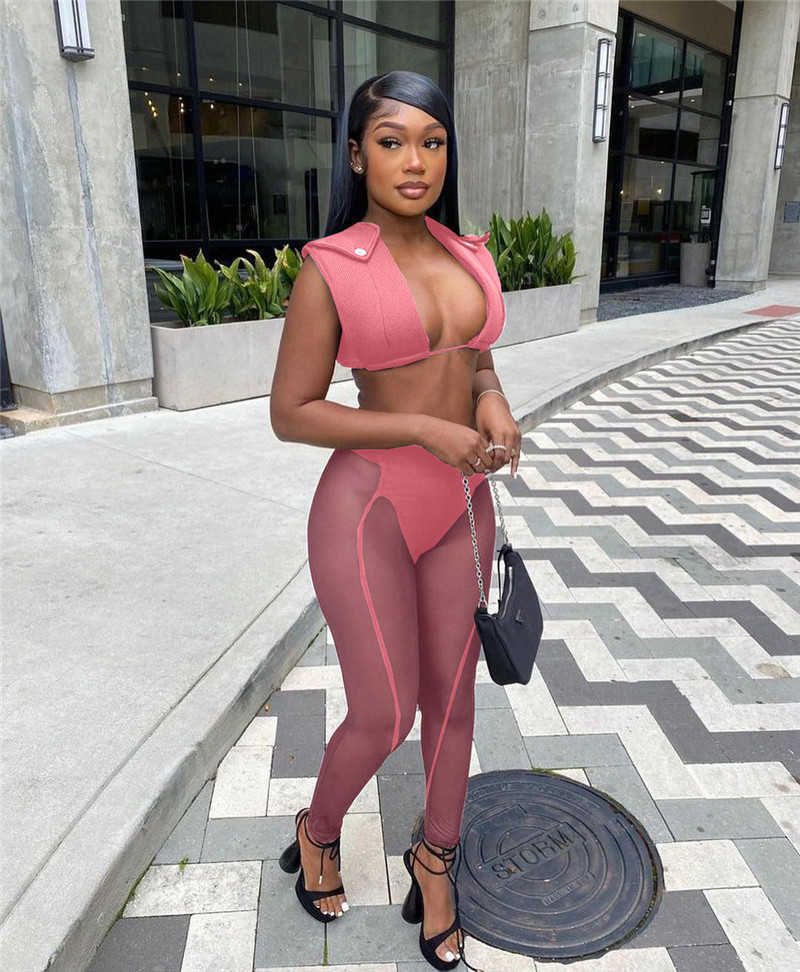 Women Two Pieces Mesh Pants Set Sexy Summer Outfits Crop Tops Sheer Leggings Wholesale Clothes Female Rave Party Wear