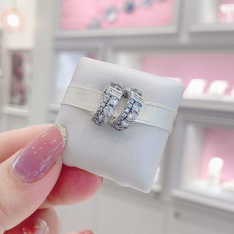 Women Mens Double Band Pave Hoop Earrings Original gift Box for Authentic 925 Sterling Silver Party Circle Stud Earring