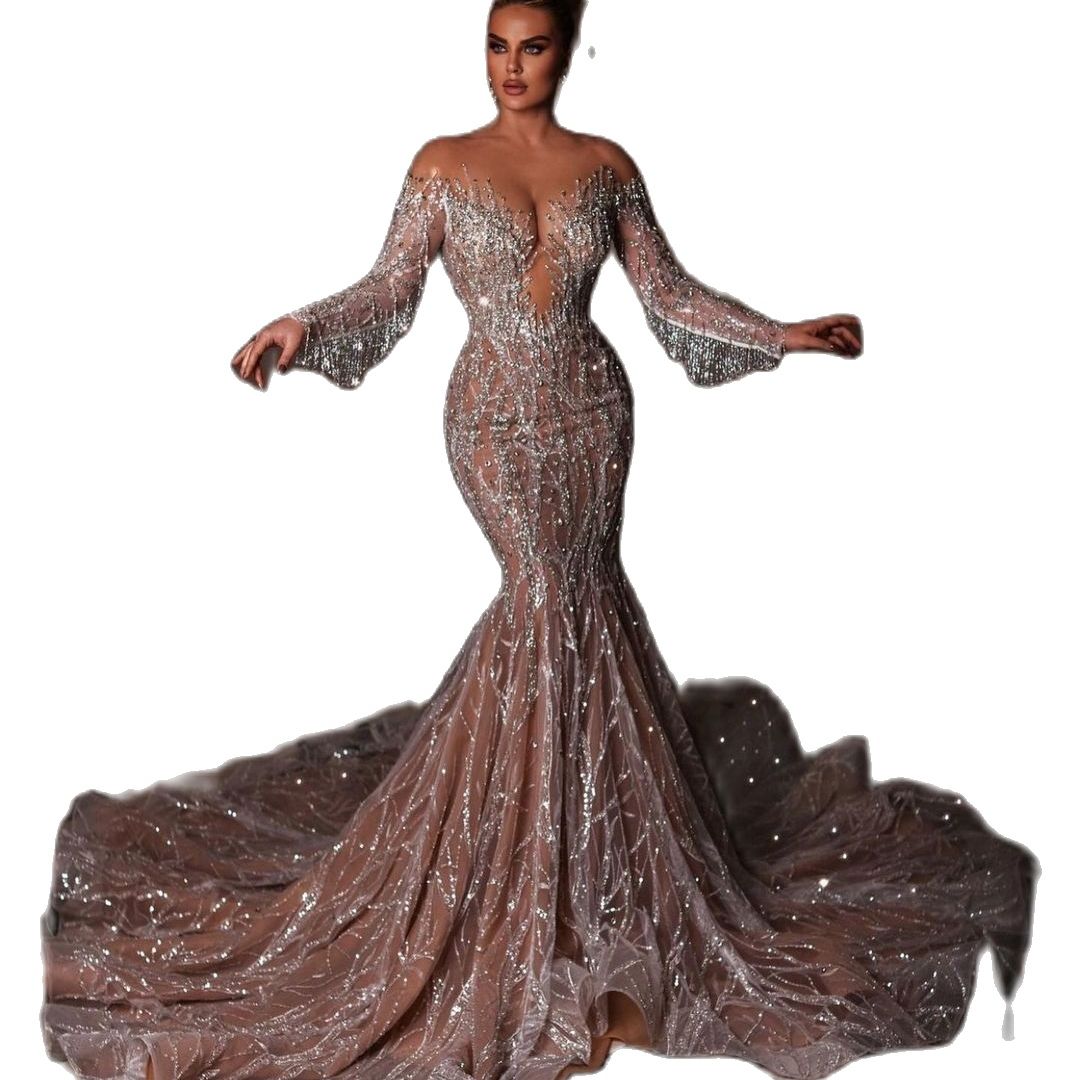 Luxury Mermaid Wedding Dresses Sequins Beads Off Shoulder Long Sleeve Lace Crystal Beaded Sexy Bride Dress Wedding Gowns Custom Made
