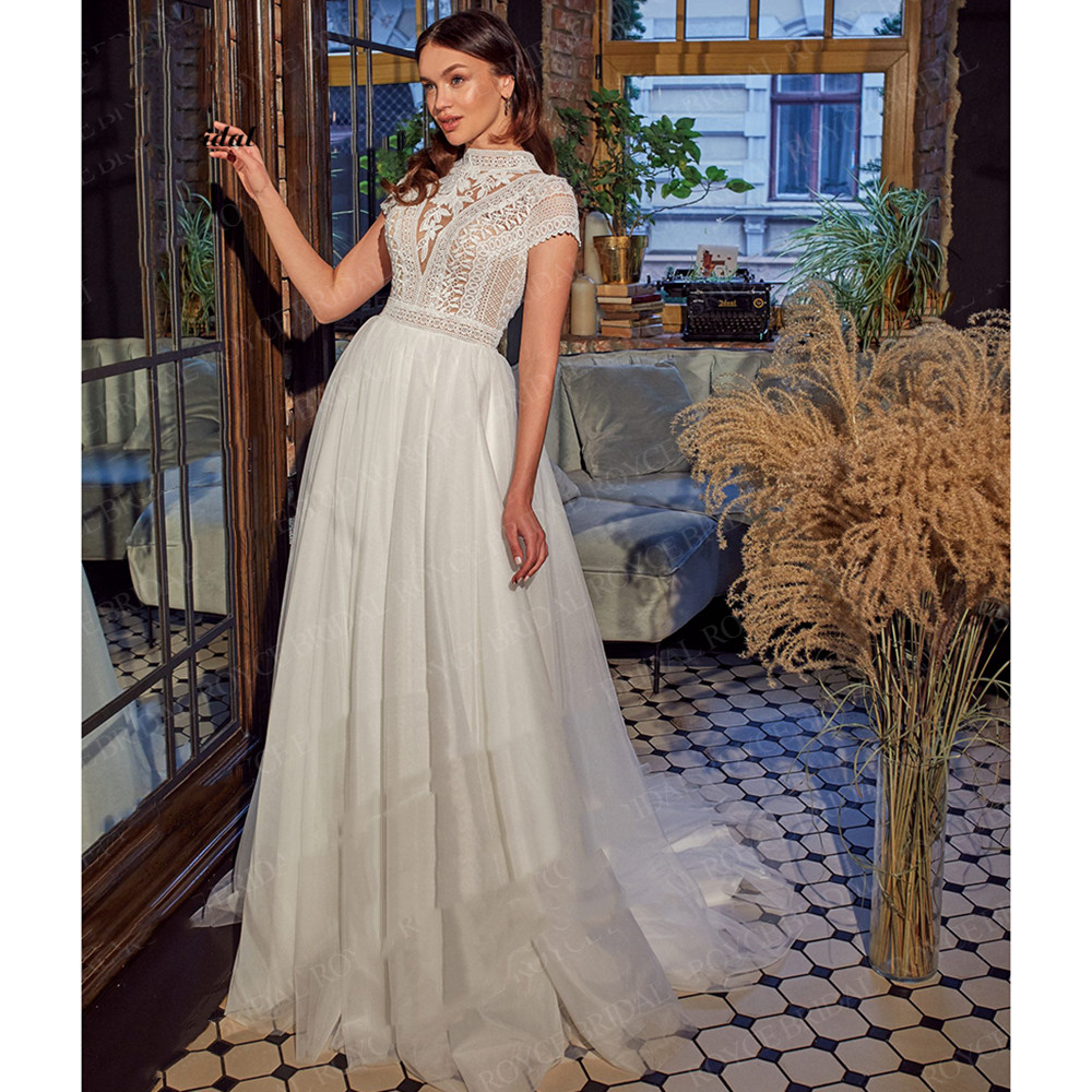 Vintage Crochet Cotton Lace Beach Wedding Dresses High Neck Full length Bohemian Garden Bridal Dress robe mariee boheme dentel