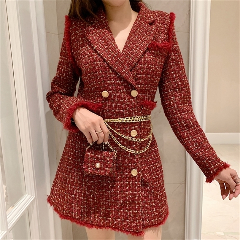 EWQ Autumn Winter Gold Thread Plaid Suit Women Notched Red Coats Feather Tassel Trim Slim Tweed Jacket With Free Belt Bag 201223