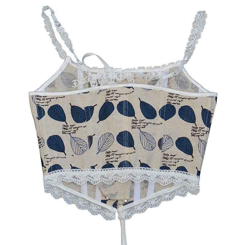 Women Blue Leaves Printed Lace Camis Cropped Corset Fashion Linen Tanks Vintage Plastic Boned Overbust Bustier Tupe Tops Cyber Baby Tee Ropa Fairycore
