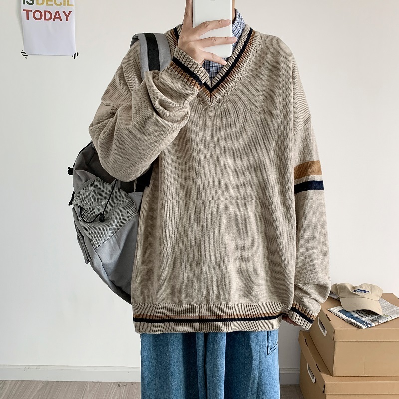 Vneck Spliced Pullover Sweaters Men Autumn Vintage Knitted Clothing Loose Student Harajuku BF College Japanese Jumper Homme Top 220817