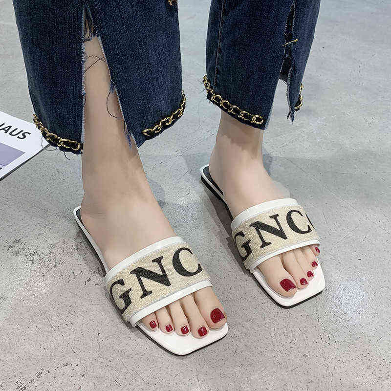 2022 New Open Toe Ladies Slippers Casual Fashion Letters Flat Heel Women's Home Casual Slippers Fashion Plus Size 35-42 Y220412
