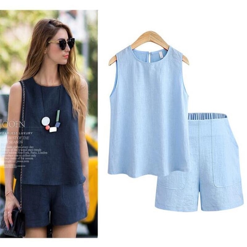 Women Summer Style Casual Cotton Linen Tops Shirt Feminine Pure Color Female Office Suit Set Women's Costumes Hot Short Sets T200325