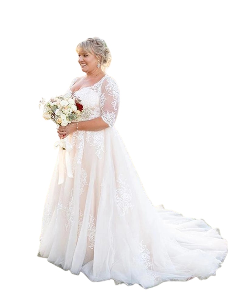 2022 Iovry Lace Wedding Dresses Long Sleeves Appliqued Tulle Outdoor Garden Country Marriage bridal reception gowns plus size