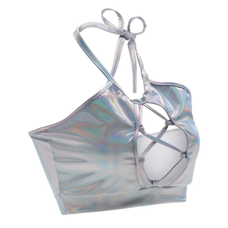 Women Sexy Wetlook Metallic Crop Top Shiny Halter Backless Lace-up Holographic Cami Tank Rave Dance Vest Party Clubwear 220325