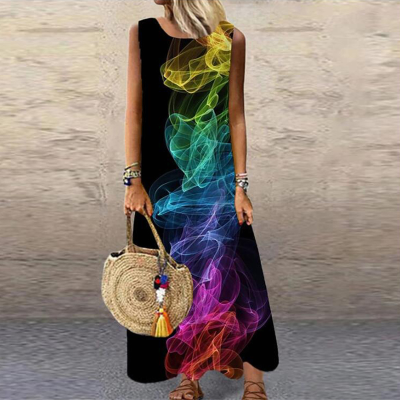 Vintage Floral Printed Women Sleeveless Sundress Summer Loose Casual Beach Long Dress Ladies Bohemia Maxi Dresses Party Vestidos 220426