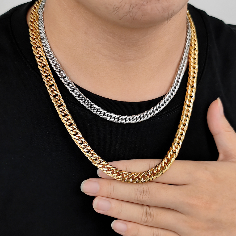 Cuban Link Chain Necklace Bracelet Set Heavy 18K Real Gold Plated Stainless Steel Metal Necklace for Men Fashion Jewelry