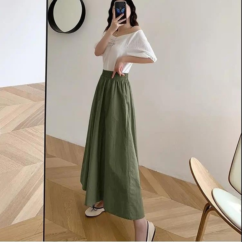 Skirts Women Solid Midcalf Elegant Korean Style Retros Spring Loose High Waist Aline Fashion Allmatch Chic Midi Faldas 220701
