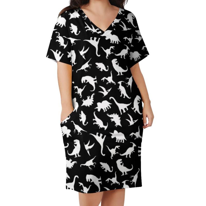 Plus Size Dresses Fun Dinosaurs Casual Dress Holiday White On Black Graphic Cute Dino V Neck Street Wear 4XLPlus, Style-1 
Plus Size Dresses Fun Dinosaurs Casual Dress Holiday White On Black Graphic Cute Dino V Neck Street Wear 4XLPlus, Style-1