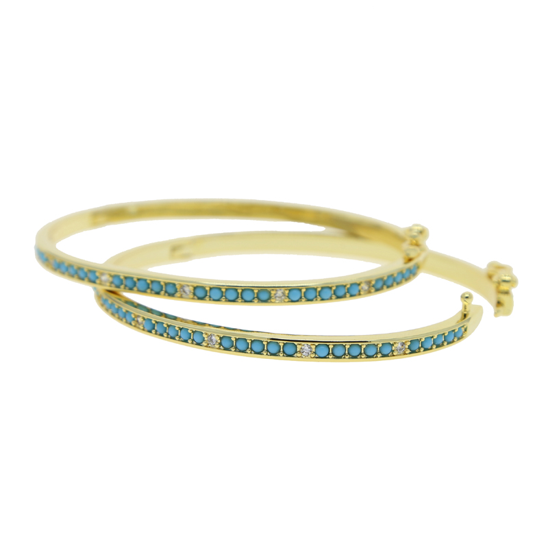 Women's Hand Bracelet: Gold Sparkg CZ Blue Turquoise Stone Bangle Jewelry
