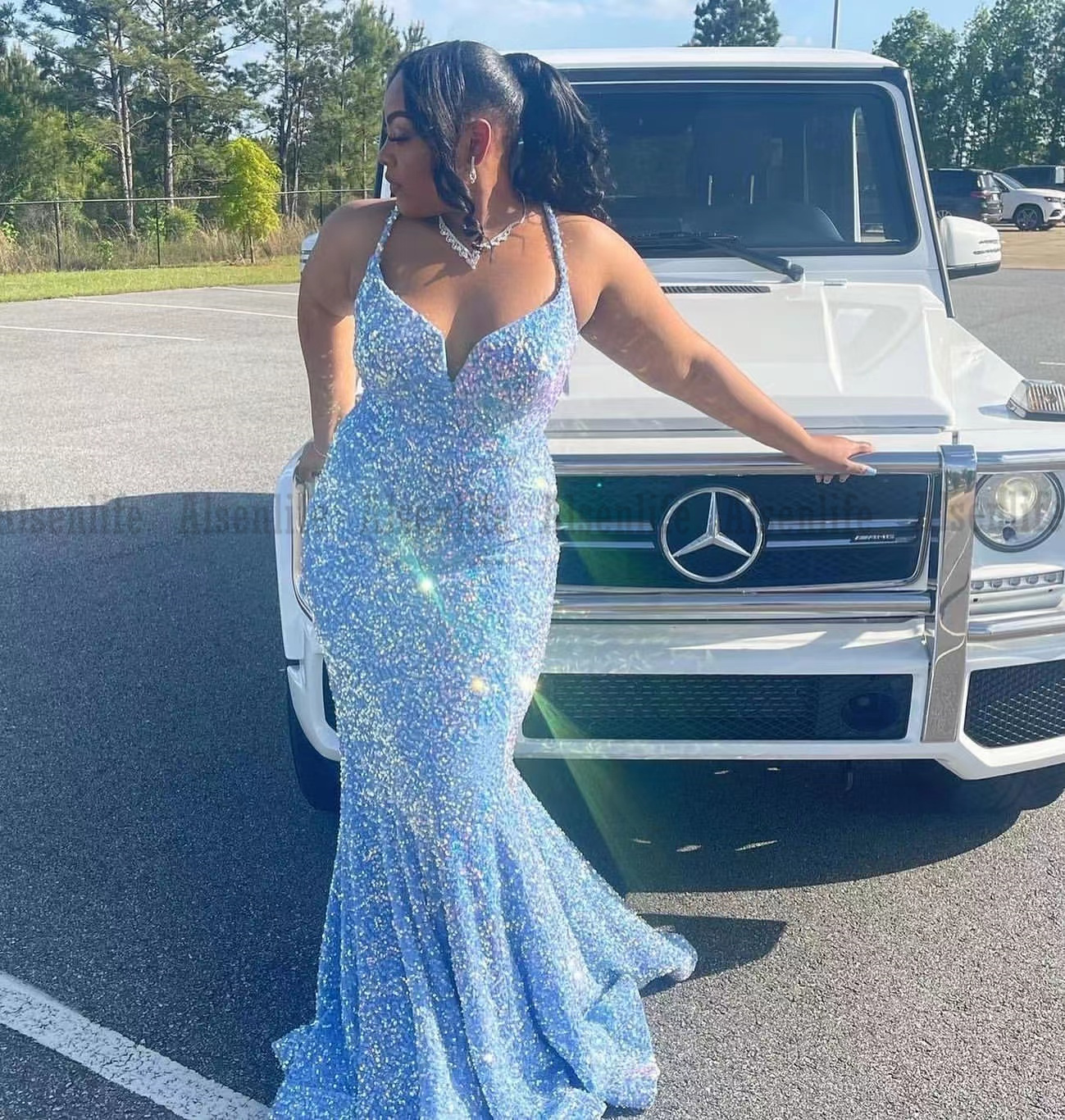 Light Blue Sequin Prom Dresses 2022 African Black Girls Mermaid Birthday Evening Gowns Robes De Soirée