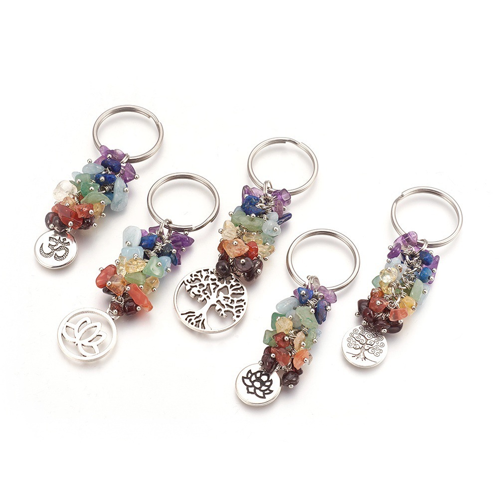 7 Chakra Chips Cristal Natural Cluster Healing Llavero Bolsa Yoga Colgante Llavero Mujer Árbol La Vida