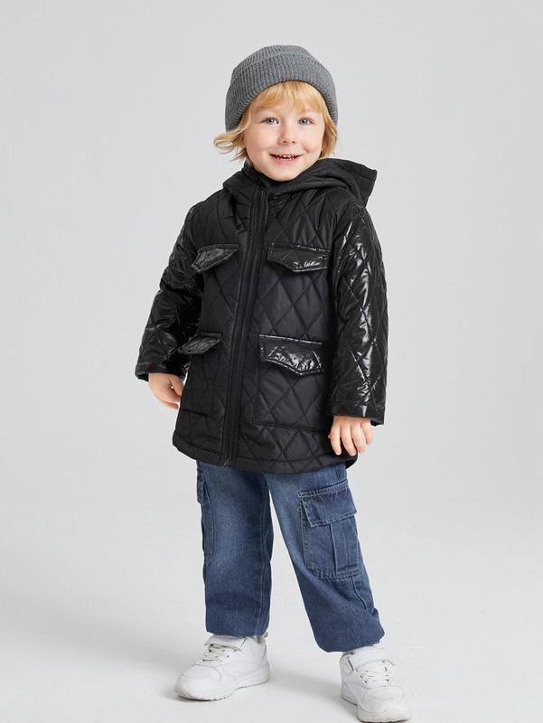 Toddler Boys Flap Pocket Hooded Argyle Quilted Coat SHE