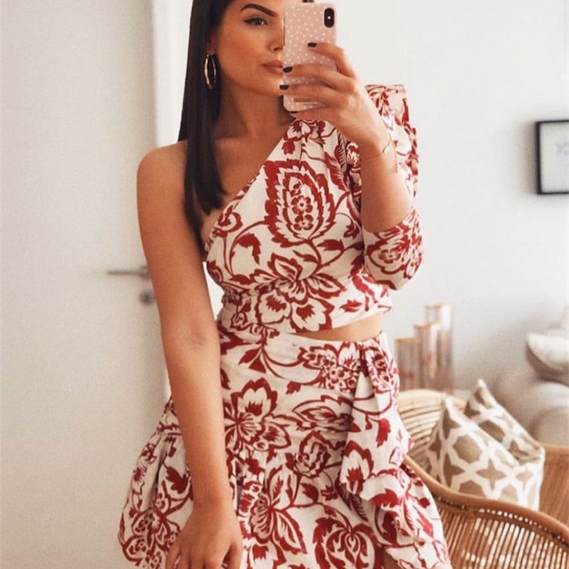 Foridol Floral Print Vintage Dress Sets Women Summer Crop Top Skirt Two Pieces Suit One Shoulder Boho Clothing Matching Set 220511