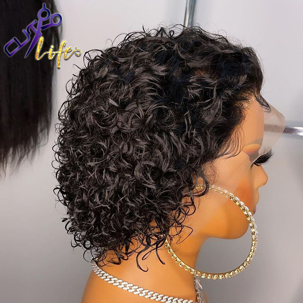 Pixie Cut Short Bob Curly Lace Frontal Human Hair Wig Transparent Deep Wave Lace Front Wigs For Women