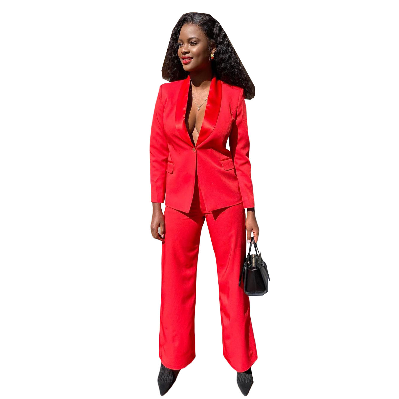High Quality Casual Red Pants Suits Two Piece Set 2022 Summer V Neck Ladies Blazer Jacket Business Attire