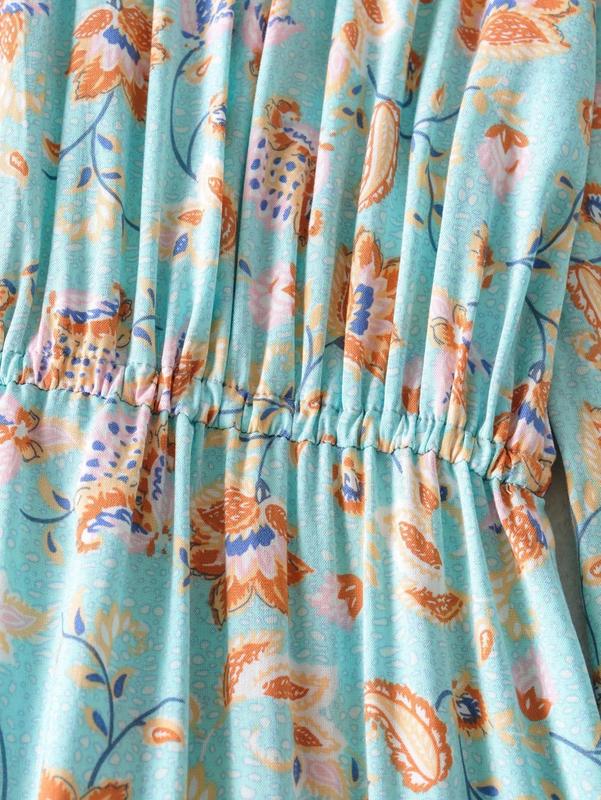 Bohemia Buttons V neck Mint Green Floral Print BOHO Long Sleeve Dress Woman Bow Strappy Lacing up Waist Holiday Dresses 220511