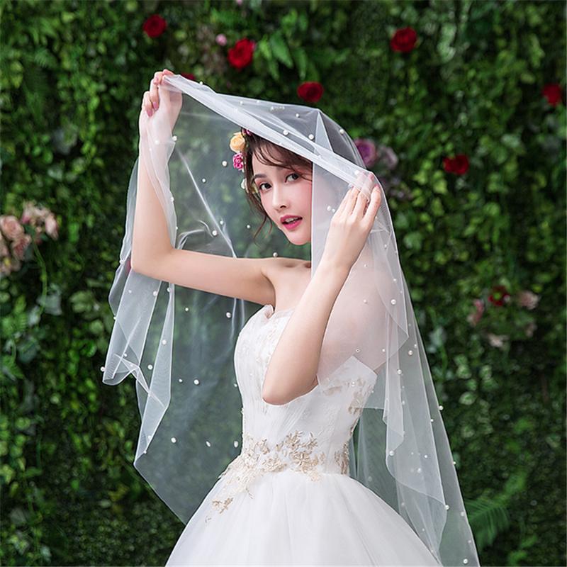 

Bridal Veils Short Wedding Veil Face-Covered Blusher With Pearls One Layer Tulle Square Velo De Novia No CombBridal, White