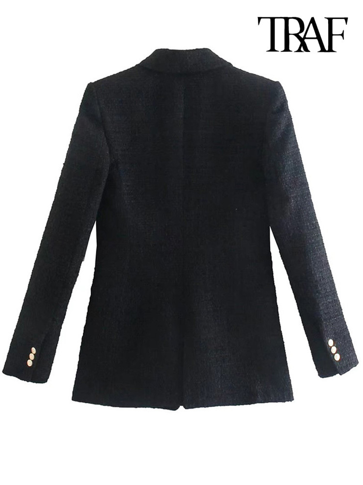 Fashion TRAF With Women Metal Button Tweed Blazer Coat Vintage Long Sleeve Flap Pockets Female Outerwear Chic Veste 2