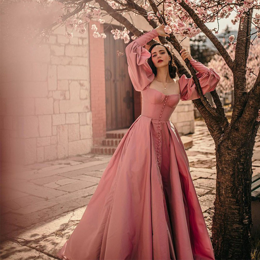 Pink A-line Prom V Neck Sequins Beads Buttons Appliques Long Sleeves High Waist Satin Front Split Applique Party Dress Sweep Train 0508