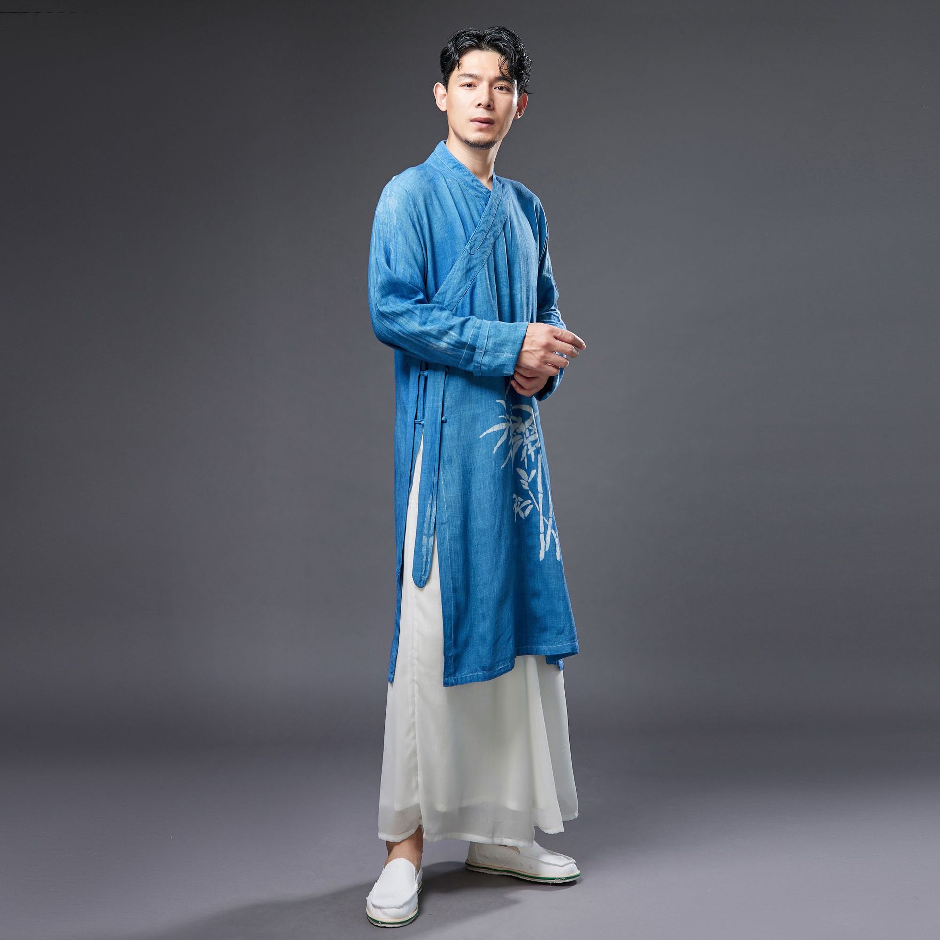 Ethnic Clothing for Men Chinese Hanfu Male cheongsam Traditional Tang suit Oriental Costume Breathable print blue Asian outfit