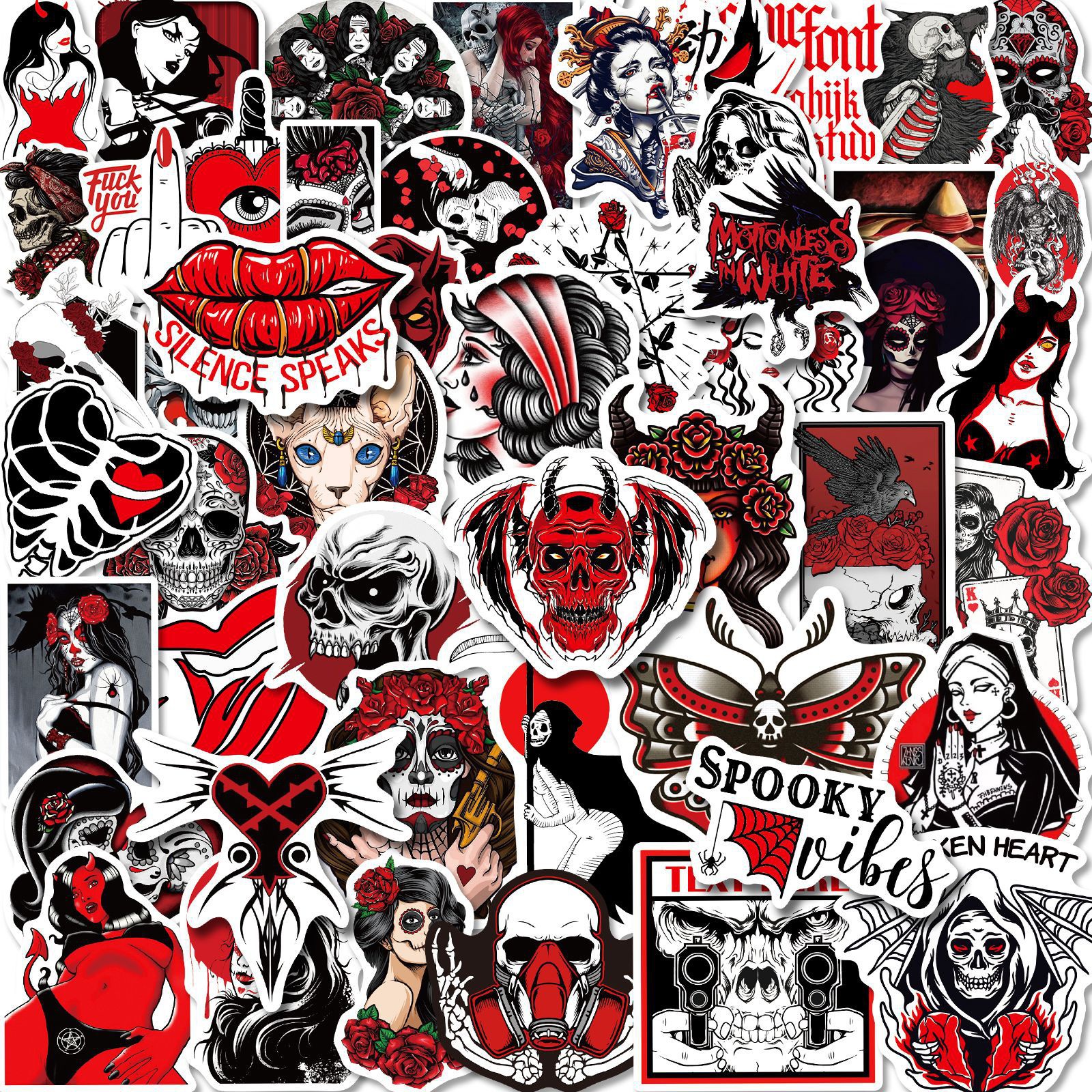 50Pcs Dark Red Gothic Stickers Demon Ghost Graffiti Kids Toy Skateboard Car Motorcycle Bicycle Sticker Decals, Multi colors
50Pcs Dark Red Gothic Stickers Demon Ghost Graffiti Kids Toy Skateboard Car Motorcycle Bicycle Sticker Decals, Multi colors