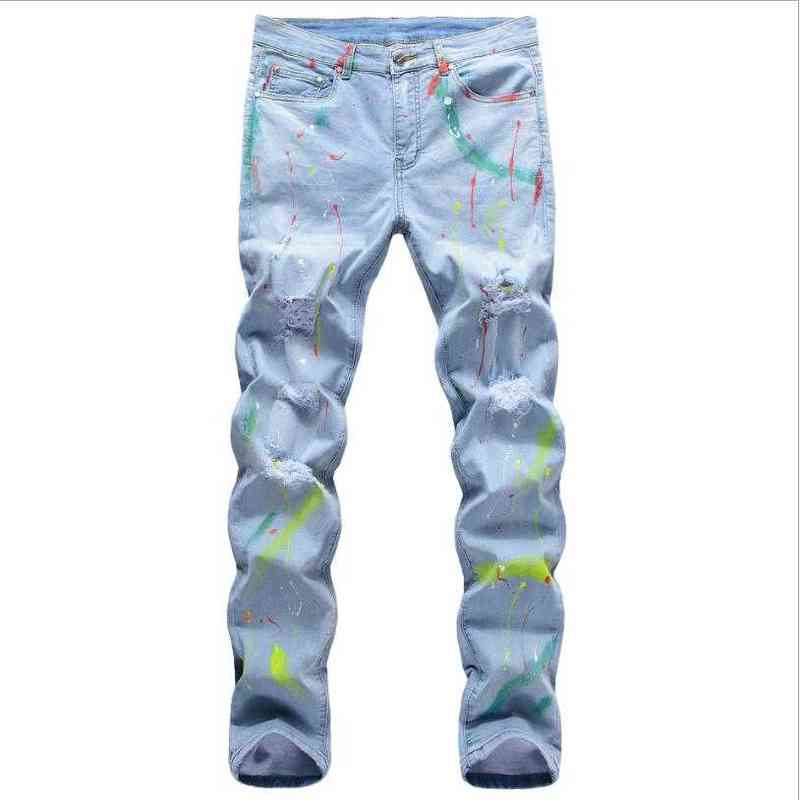 Men Ligh Blue Denim Jeans Holes Long Jeans Good Quality Men Straight Fit Stretch Jeans New Fashion Men Spring Autumn Denim Pants G220415