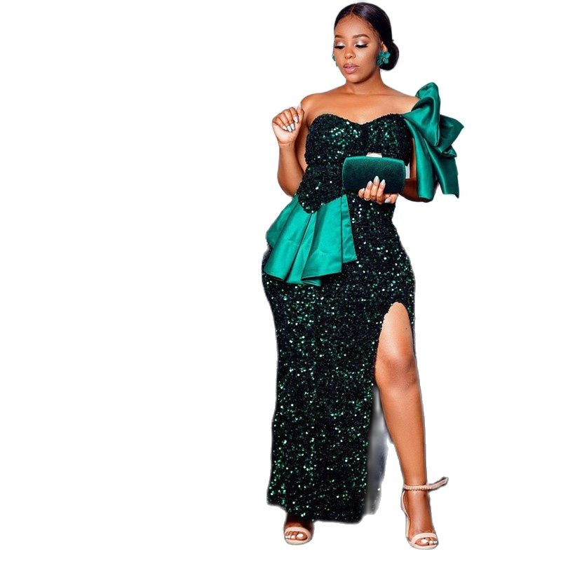 Plus Size Hunter Green Sequined Mermaid Prom Dresses Sweetheart Ankle Length Side Split Evening Dress For African Women Gowns