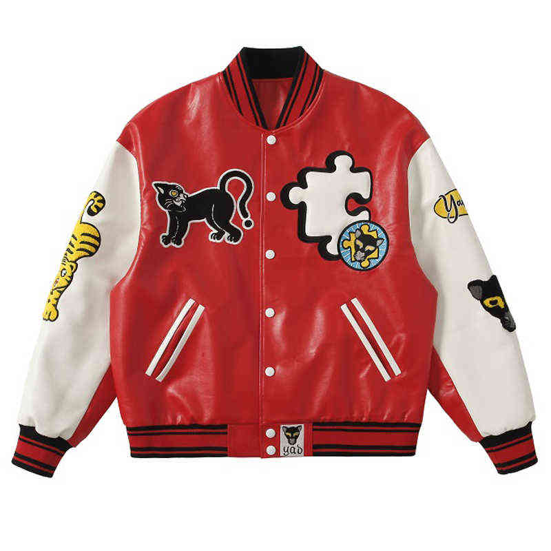 Men Color Block Patchwork Baseball Jacket Tiger Jigsaw Embroidery PU Leather Jacket Loose Motorcycle Outwear Spring 2022 Tide T220728, Red 
Men Color Block Patchwork Baseball Jacket Tiger Jigsaw Embroidery PU Leather Jacket Loose Motorcycle Outwear Spring 2022 Tide T220728, Red