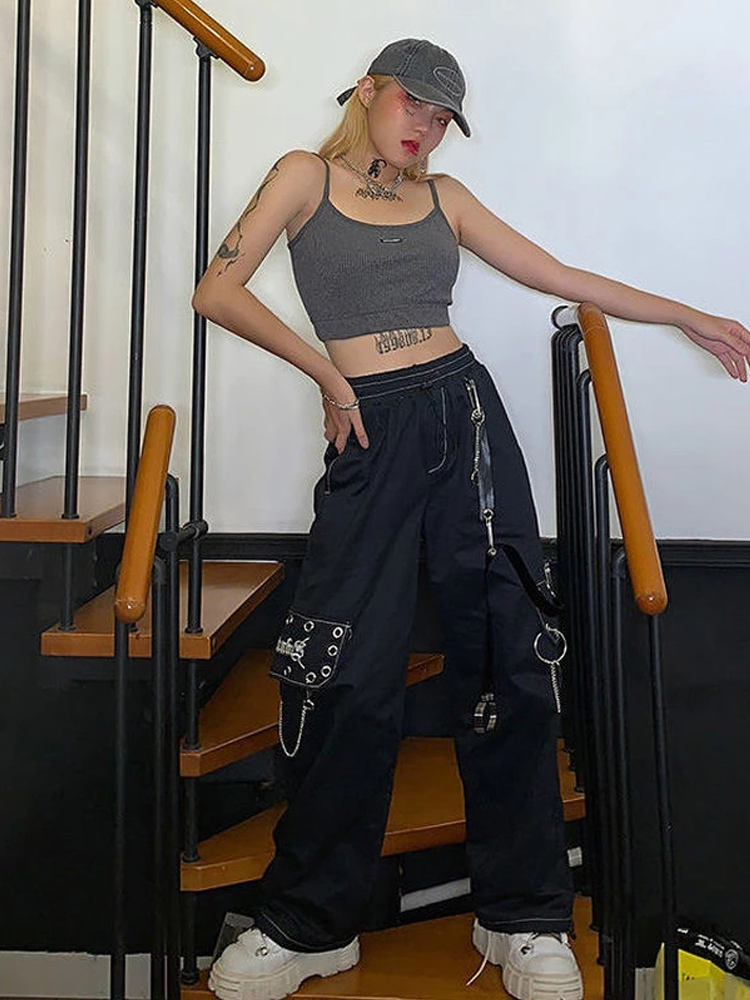 QWEEK Gothic Harajuku Black Cargo Pant Chain Wide Leg Goth Hippie Streetwear White Trousers Loose Female Baggy Fashion 220325