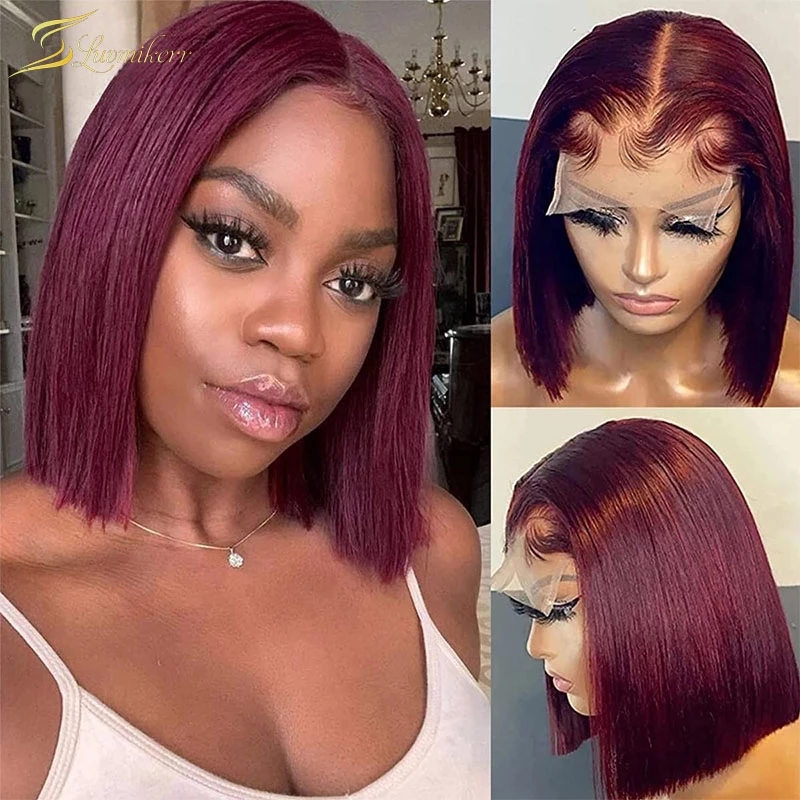 Short Red Burgundy Bob Lace Front Human Hair Wigs Pre-Plucked Wig Blonde/Black Colored Peruvian Straight Synthetic Wig For Women