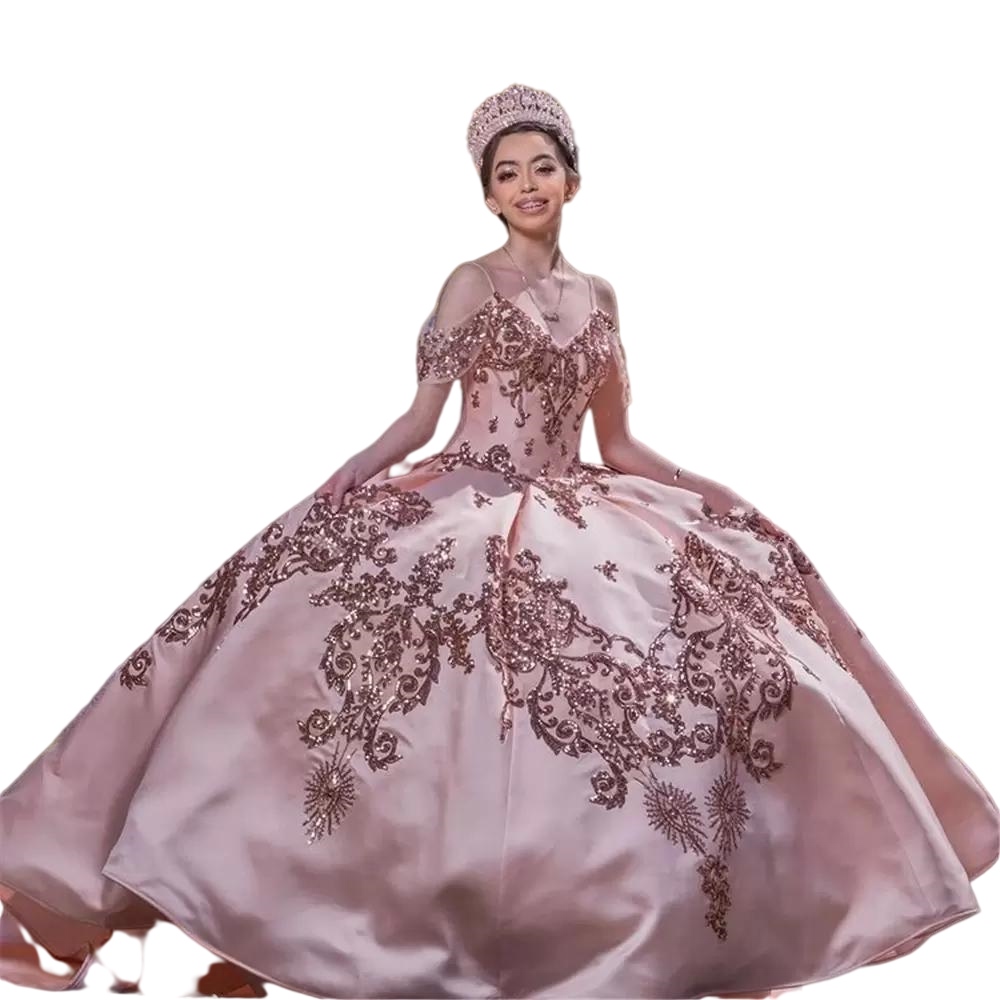 Modern Quinceanera Dresses Blush Pink Off Shoulder Rose Pink Sequined Appliques Lace-up corset Overskirts Sweet 16 Party Prom Dress vestidos de 15 ano
