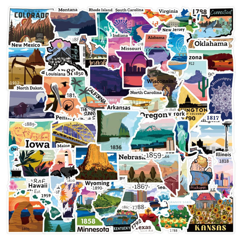 52pcs Colorful Beautiful USA States Map of the America Stickers National Park Stickers Graffiti Kids Toy Skateboard car Motorcycle Bicycle Sticker Dec
