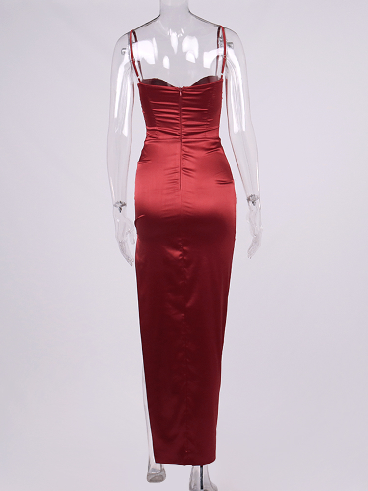 Asia Summer Satin Dress Cut out Side Split Spaghetti Strap Lining Underwire Padded Maxi Dress Elegant Party Sexy Robe femme 220511