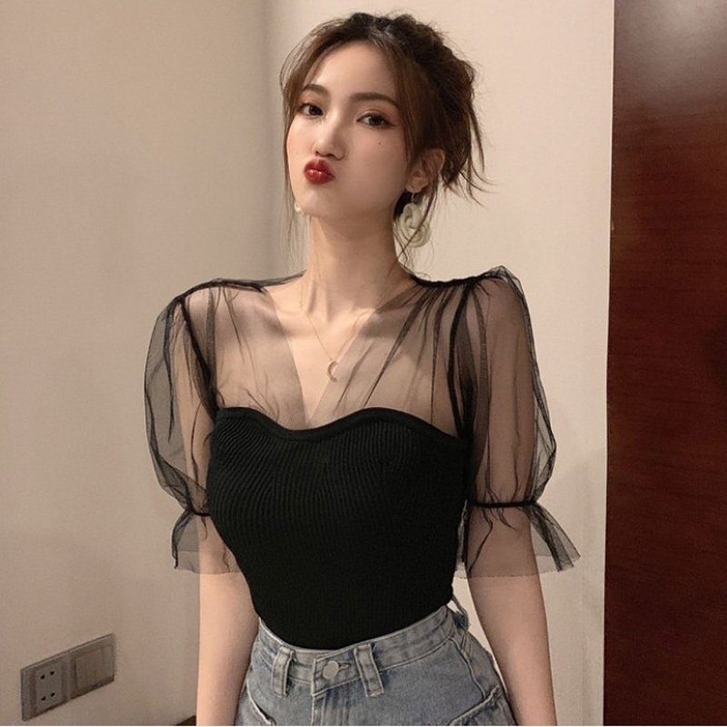 Fashion womens Vneck net yarn ing knitted shirt tops female girls slim sexy Puff short Sleeve Ruffles tshirt Y200109, Green
Fashion womens Vneck net yarn ing knitted shirt tops female girls slim sexy Puff short Sleeve Ruffles tshirt Y200109, Green
