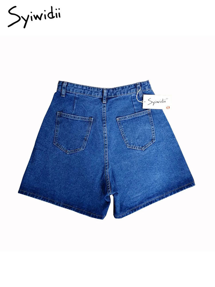 Syiwidii Women Denim Shorts Hippie Button Adjust High Waist Short Harajuku Bermuda Wide Legs Summer Cotton Jean Shorts 220527