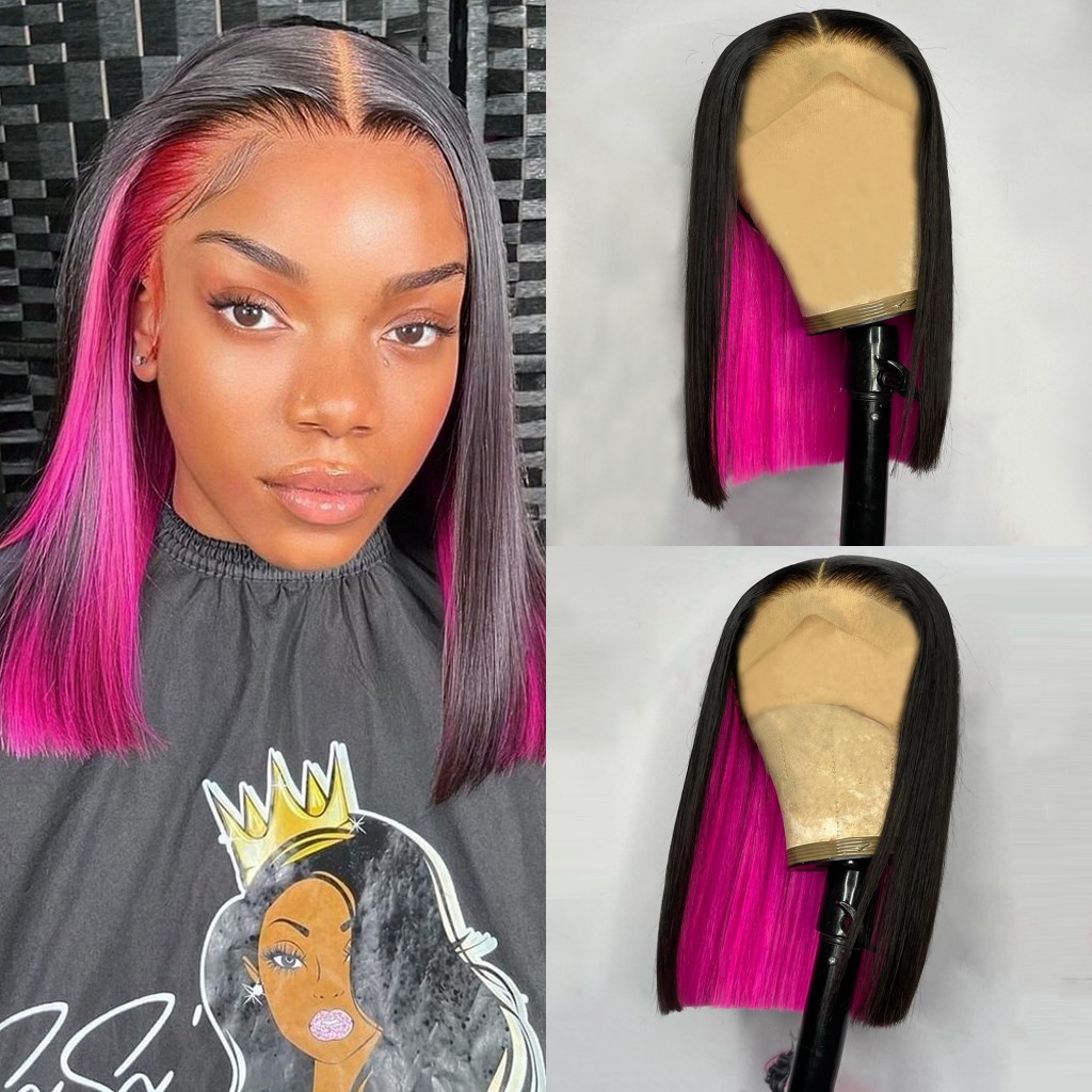 Highlight Bob Wig Brazilian Human Hair Wigs For Women Black Pink Short Lace Front Wigs Co Synthetic Hair Heat Resistant