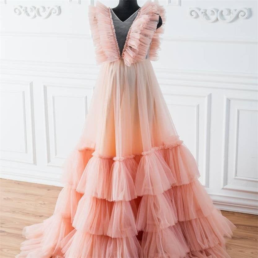 V Sheer Neck Ruffled Women's Prom Dresses Lady Maternity Robes Sleeveless Baby Shower Photography Gowns