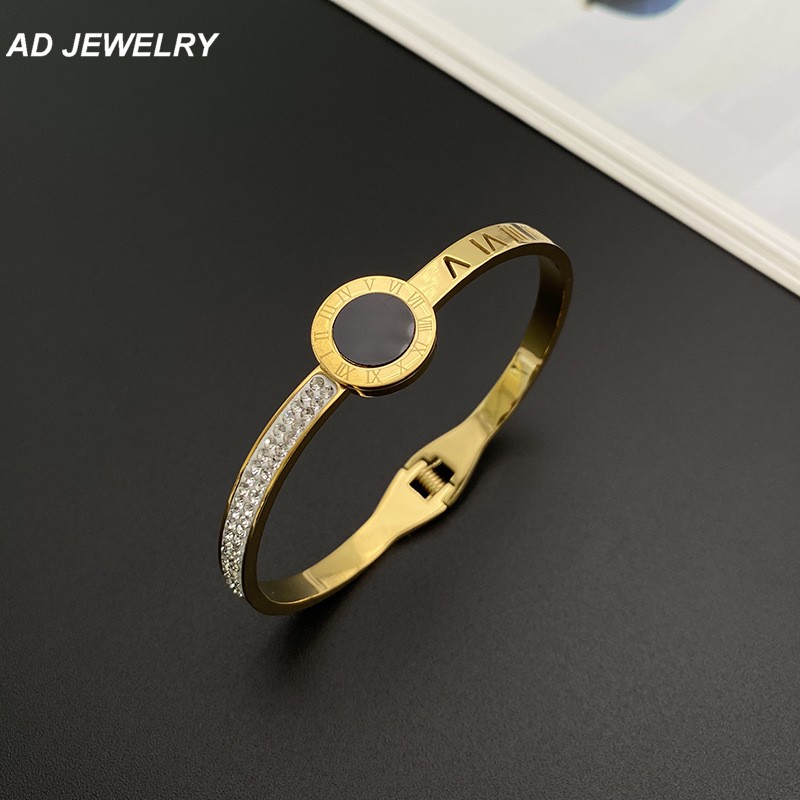 Half Diamond Insert Bangle Hollowed Roman Numerals Bracelet