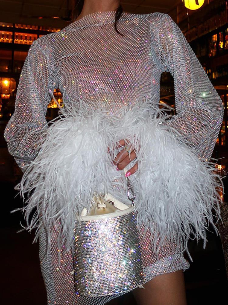 Women's Sexy Mesh Mini Dress With Feathers Tassel Full Sleeve See Through Summer Pink Shinny Club Party Outfit Polyester B4