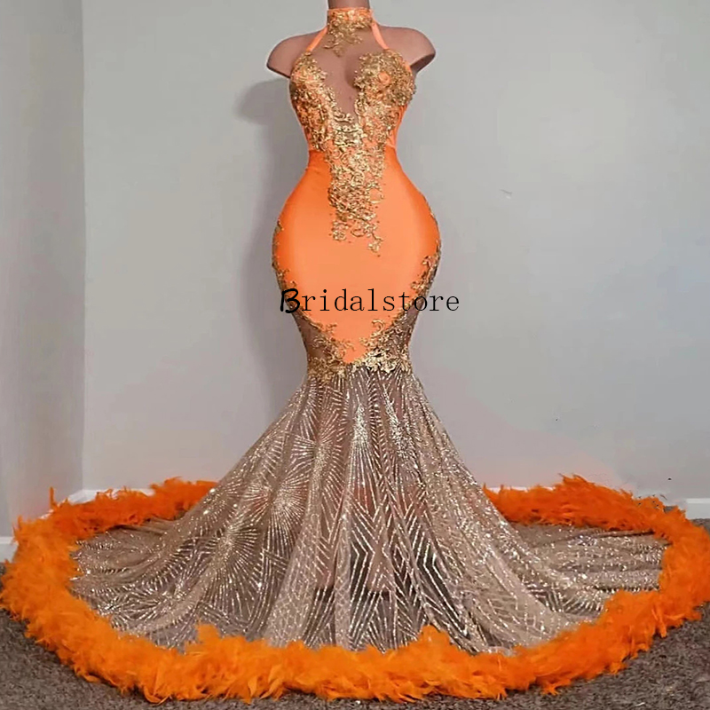 Luxury Mermaid Orange Prom Dresses Feather 2022 For Black Girls Aso Ebi Plus Size African Evening Dress With Sequined Trumpet Reception Party Gowns Ro