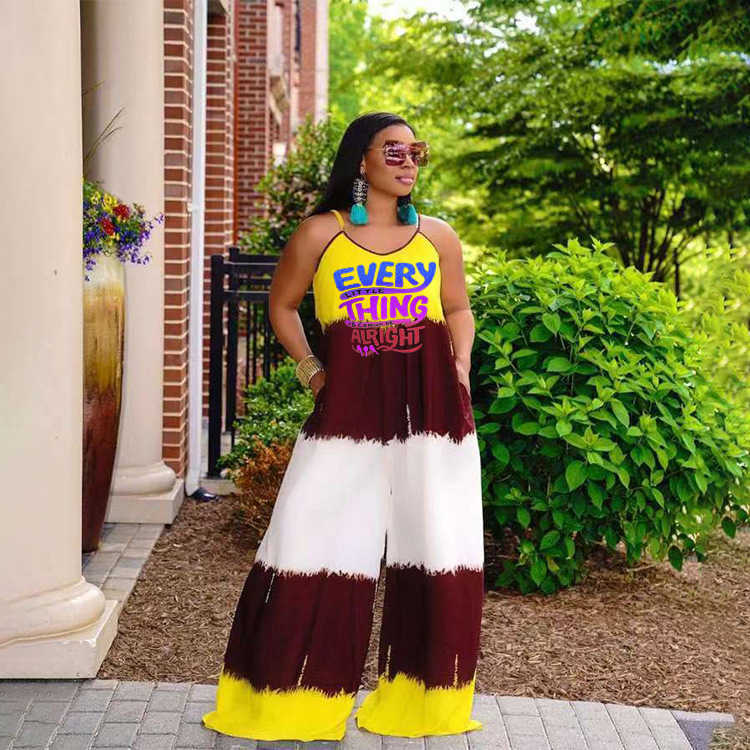 large women's letter printed pocket suspender Jumpsuit XL-5XL