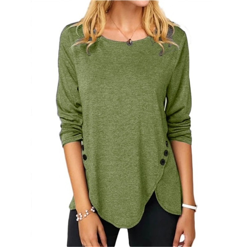 Button O Neck Solid Color Tunic T-Shirt Women Clothing Long Sleeved Loose Casaul Irregular Pullovers Tops Tee Shirt Femme 220328