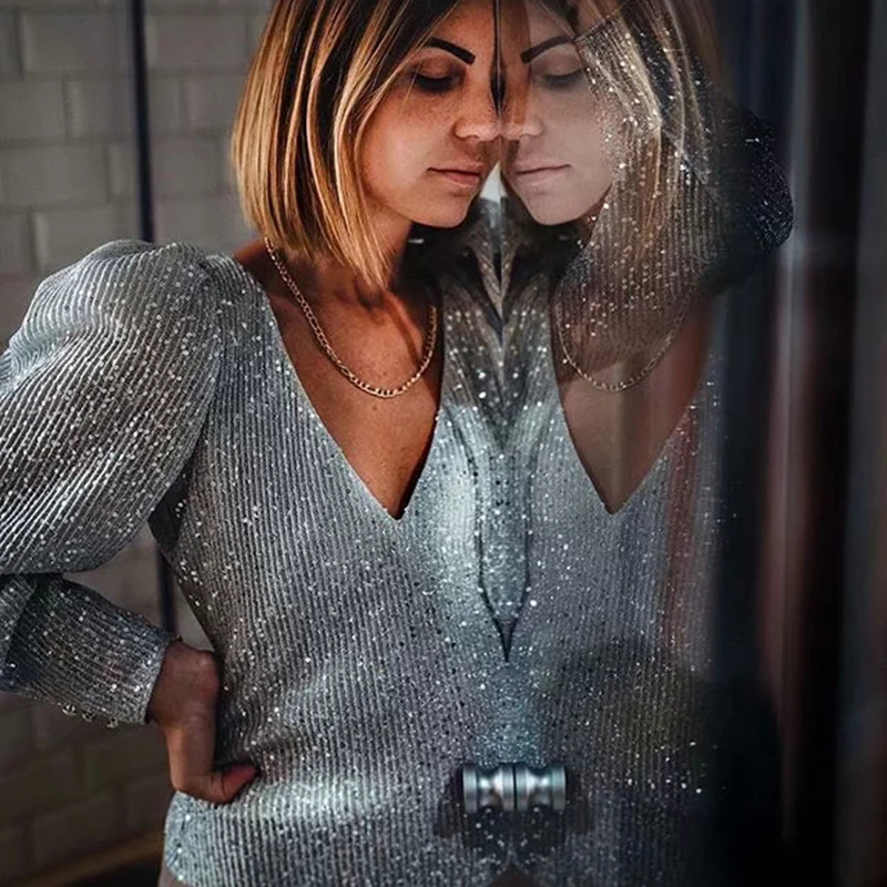 Elegant Women Sequined Tops Spring Fashion Ladies Vintage Silver Top Party Female Sexy V-Neck Femme Girls Chic Clothes 220325